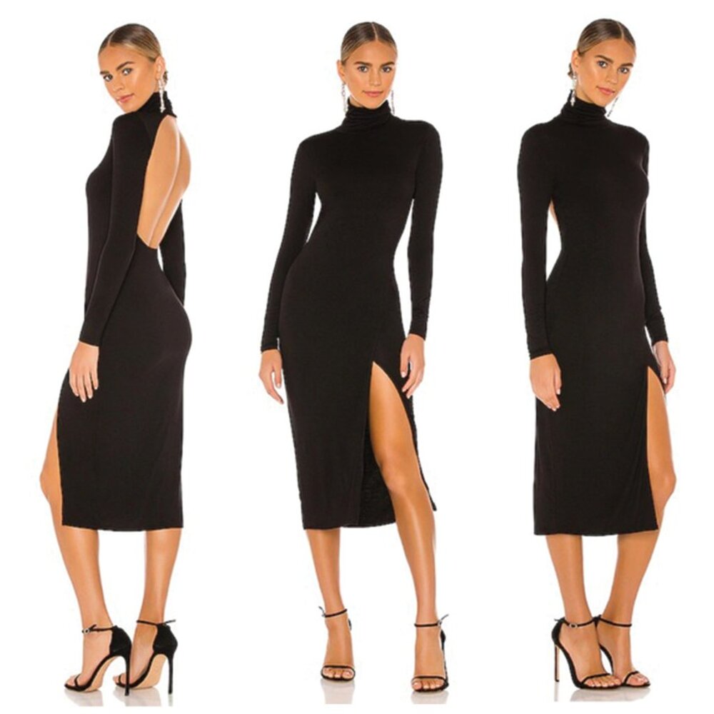Lovers + Friends Gigi Midi Turtleneck Open Back Dress in Black - Small